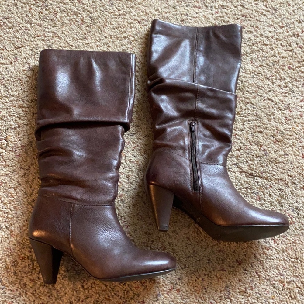 Slouchy brown tall leather boots